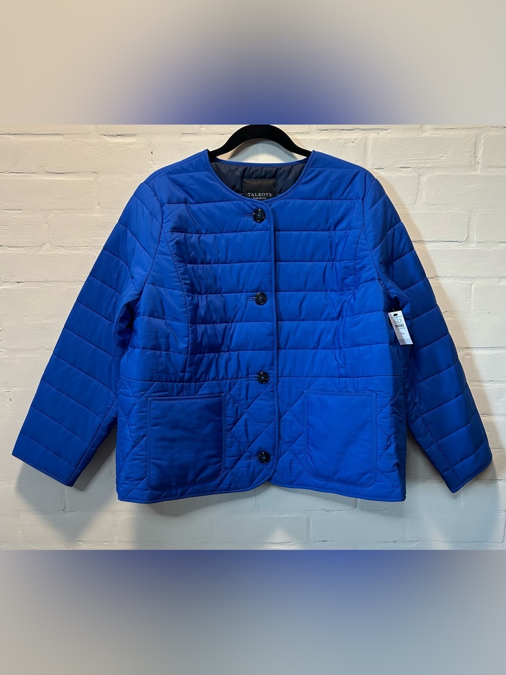 NWT Talbots Cobalt Blue Quilted Collarless Lightweight Button Up Jacket Size 1XP